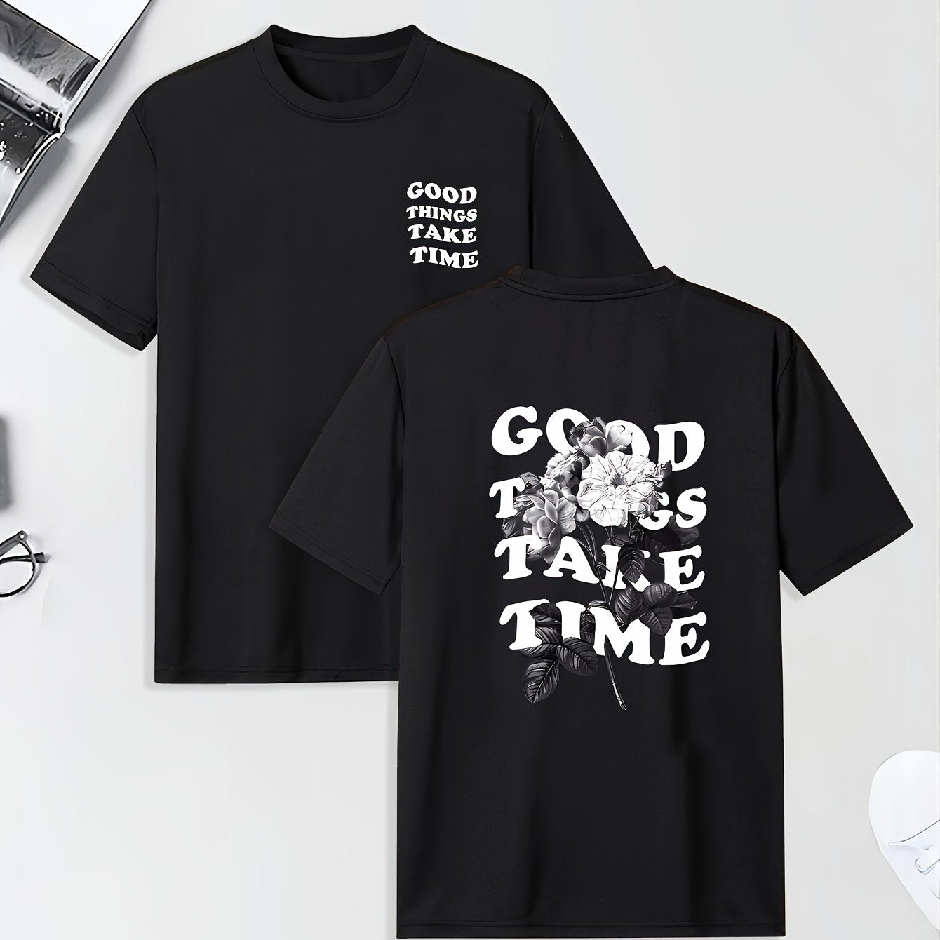 Men's Graphic Print T-Shirt - "GOOD TIMES" Floral & Text Design, Relaxed Fit Short Sleeve, Soft Breathable Fabric for Summer, Business Travel & Outdoor Activities, Casual Wear, Creative Design, Machine Washable Top, Summer Ou
