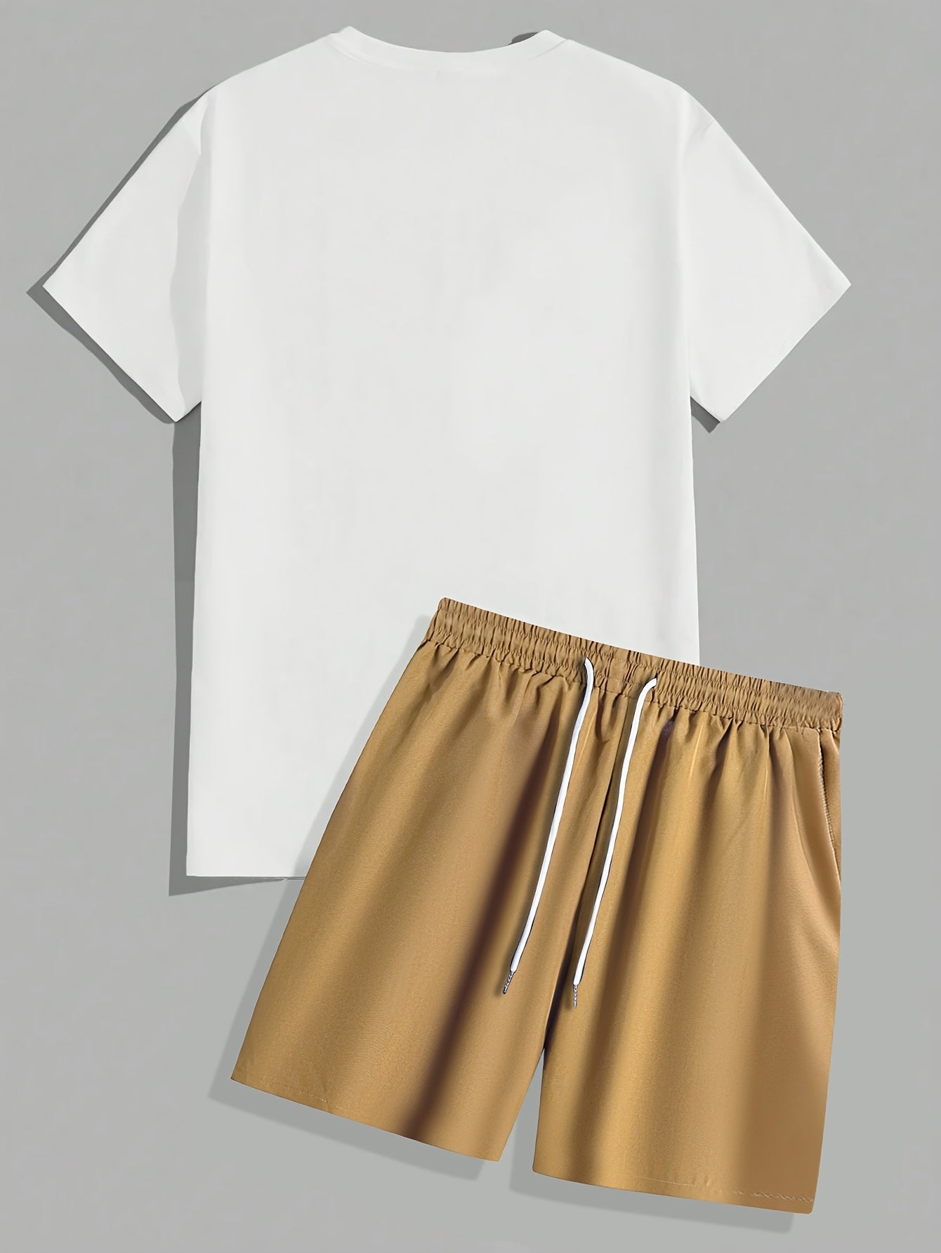 Men's Set #Rose Print Short Sleeve T-shirt + Drawstring Waist Beach Shorts Two Piece