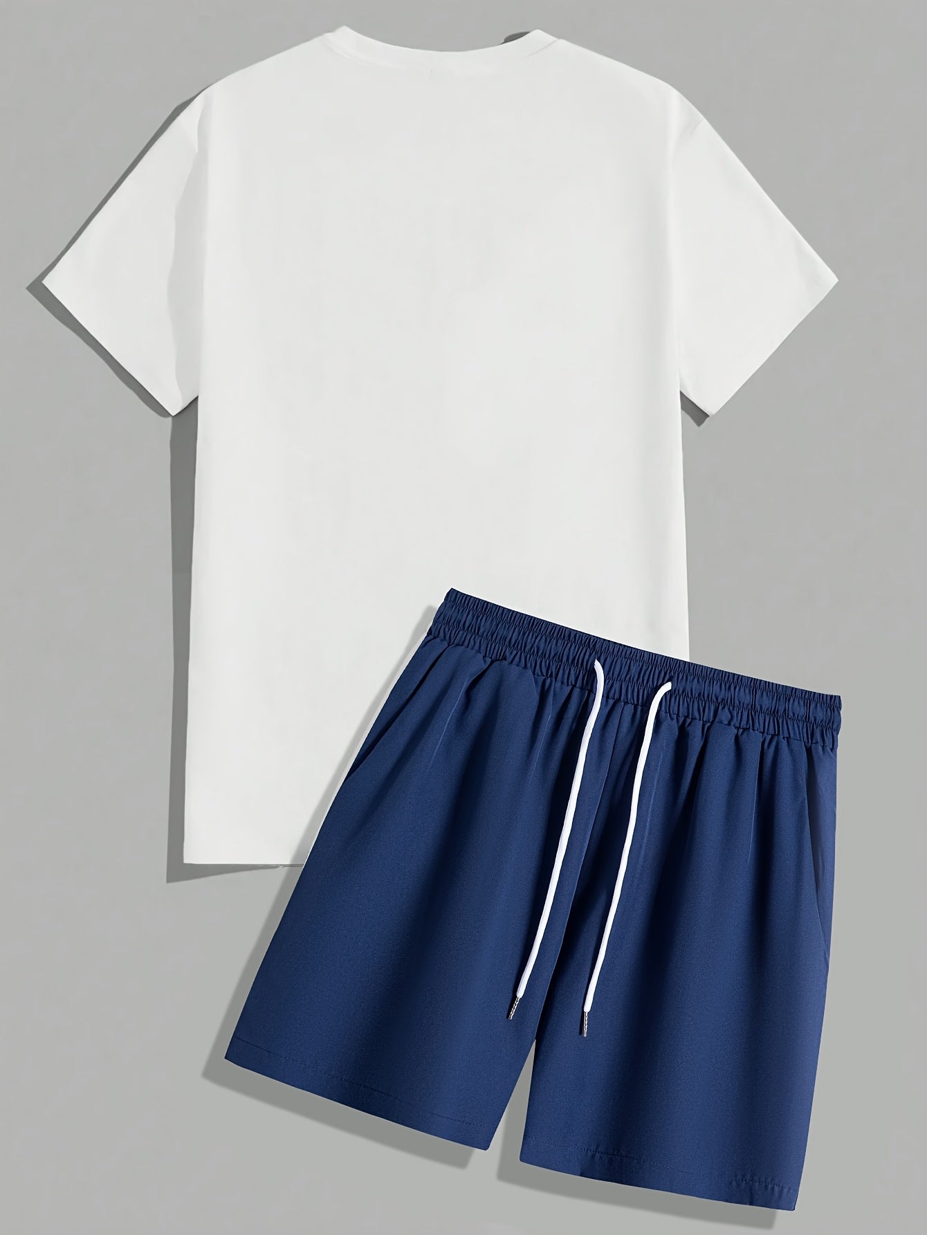 Men's Set #Rose Print Short Sleeve T-shirt + Drawstring Waist Beach Shorts Two Piece