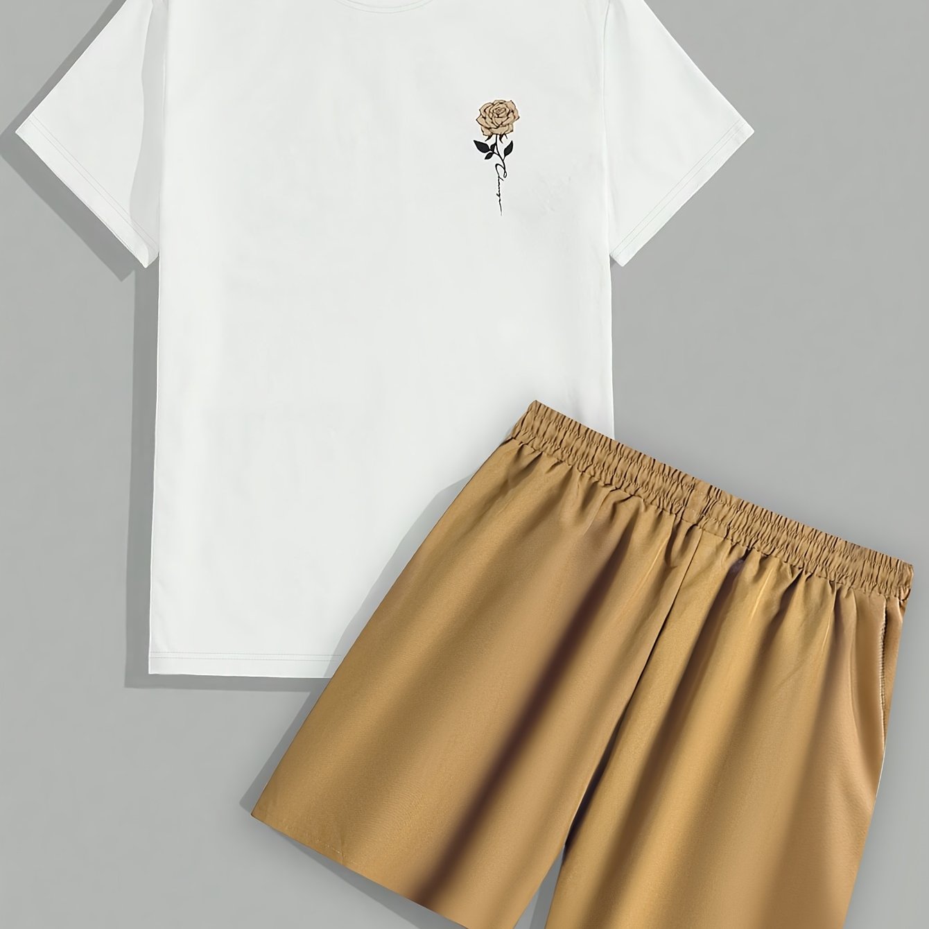 Men's Set #Rose Print Short Sleeve T-shirt + Drawstring Waist Beach Shorts Two Piece
