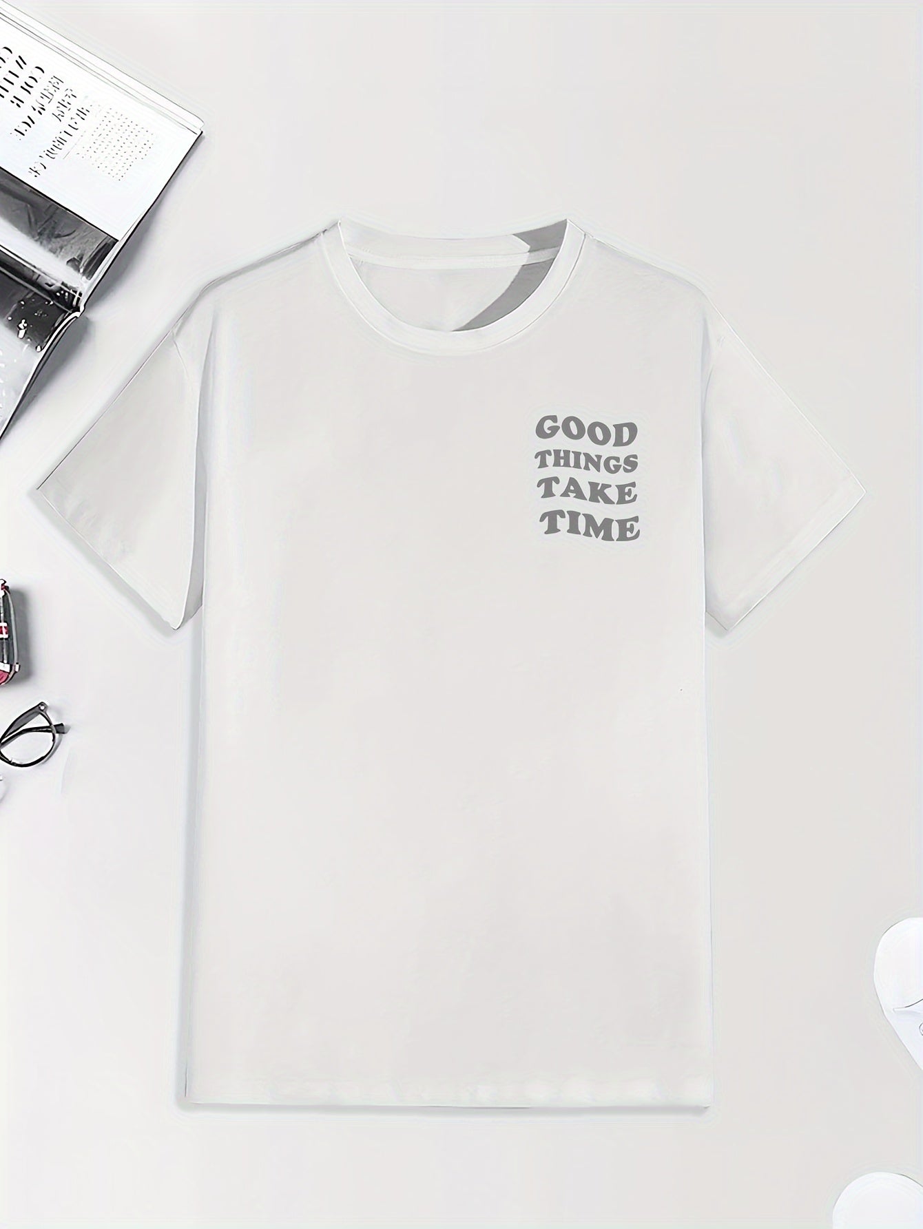 Men's Graphic Print T-Shirt - "GOOD TIMES" Floral & Text Design, Relaxed Fit Short Sleeve, Soft Breathable Fabric for Summer, Business Travel & Outdoor Activities, Casual Wear, Creative Design, Machine Washable Top, Summer Ou