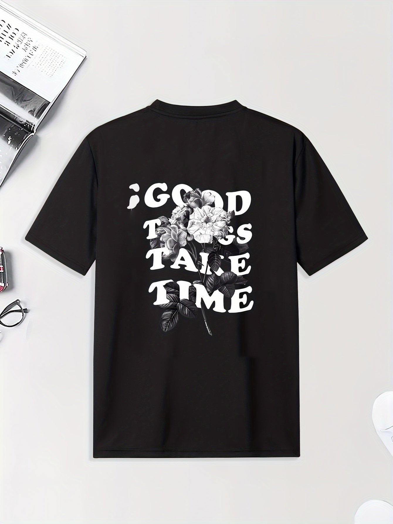 Men's Graphic Print T-Shirt - "GOOD TIMES" Floral & Text Design, Relaxed Fit Short Sleeve, Soft Breathable Fabric for Summer, Business Travel & Outdoor Activities, Casual Wear, Creative Design, Machine Washable Top, Summer Ou