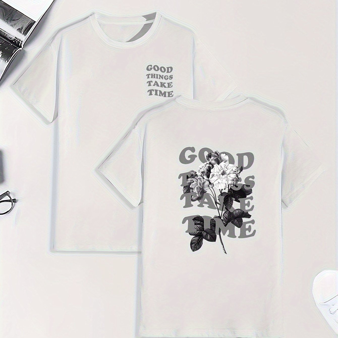 Men's Graphic Print T-Shirt - "GOOD TIMES" Floral & Text Design, Relaxed Fit Short Sleeve, Soft Breathable Fabric for Summer, Business Travel & Outdoor Activities, Casual Wear, Creative Design, Machine Washable Top, Summer Ou