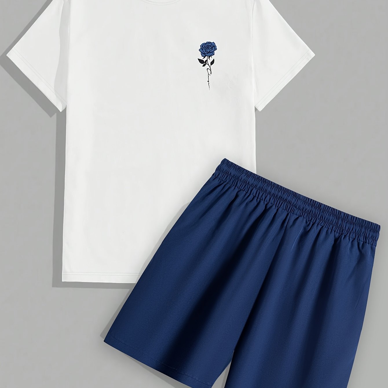 Men's Set #Rose Print Short Sleeve T-shirt + Drawstring Waist Beach Shorts Two Piece