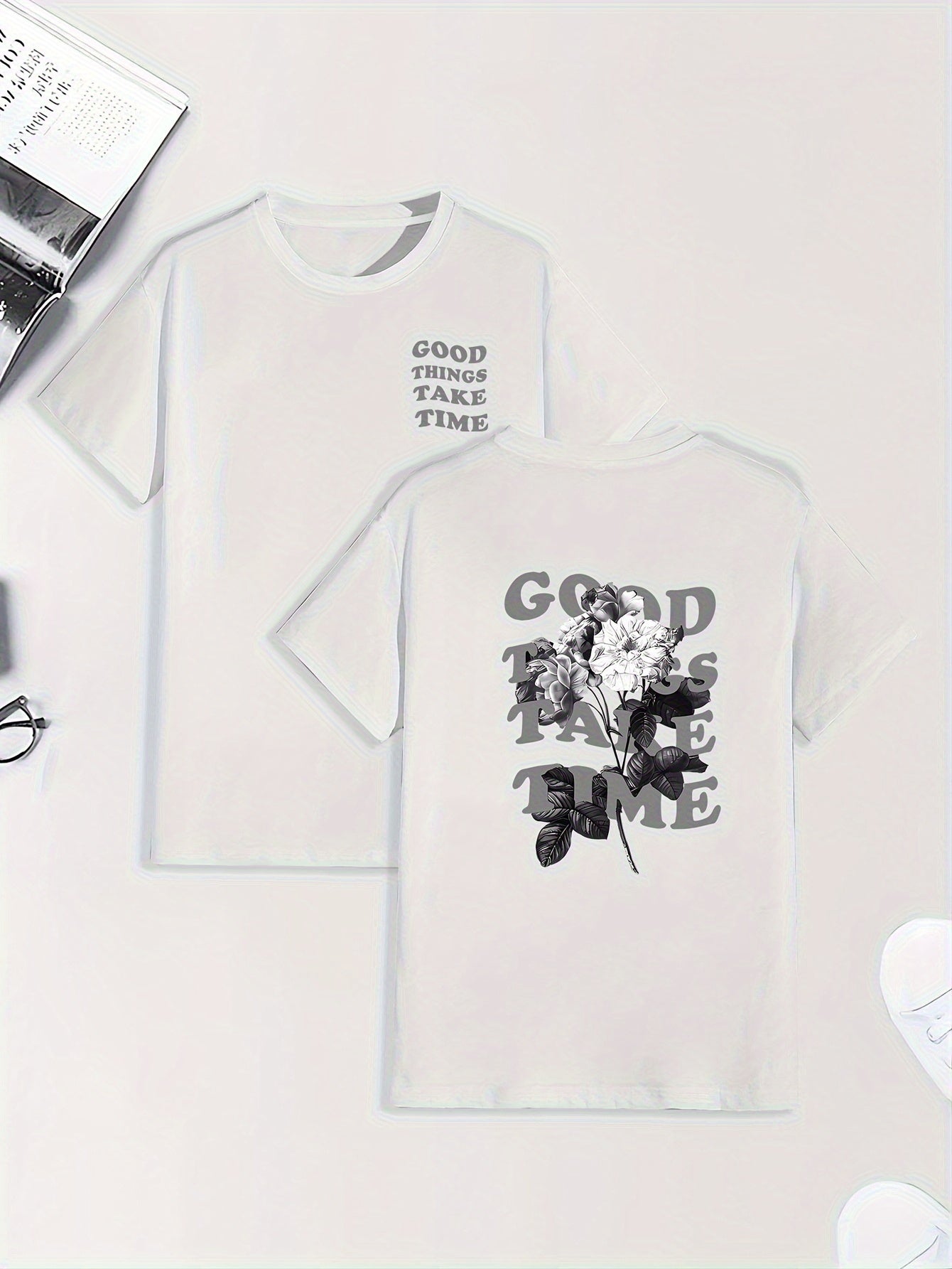 Men's Graphic Print T-Shirt - "GOOD TIMES" Floral & Text Design, Relaxed Fit Short Sleeve, Soft Breathable Fabric for Summer, Business Travel & Outdoor Activities, Casual Wear, Creative Design, Machine Washable Top, Summer Ou
