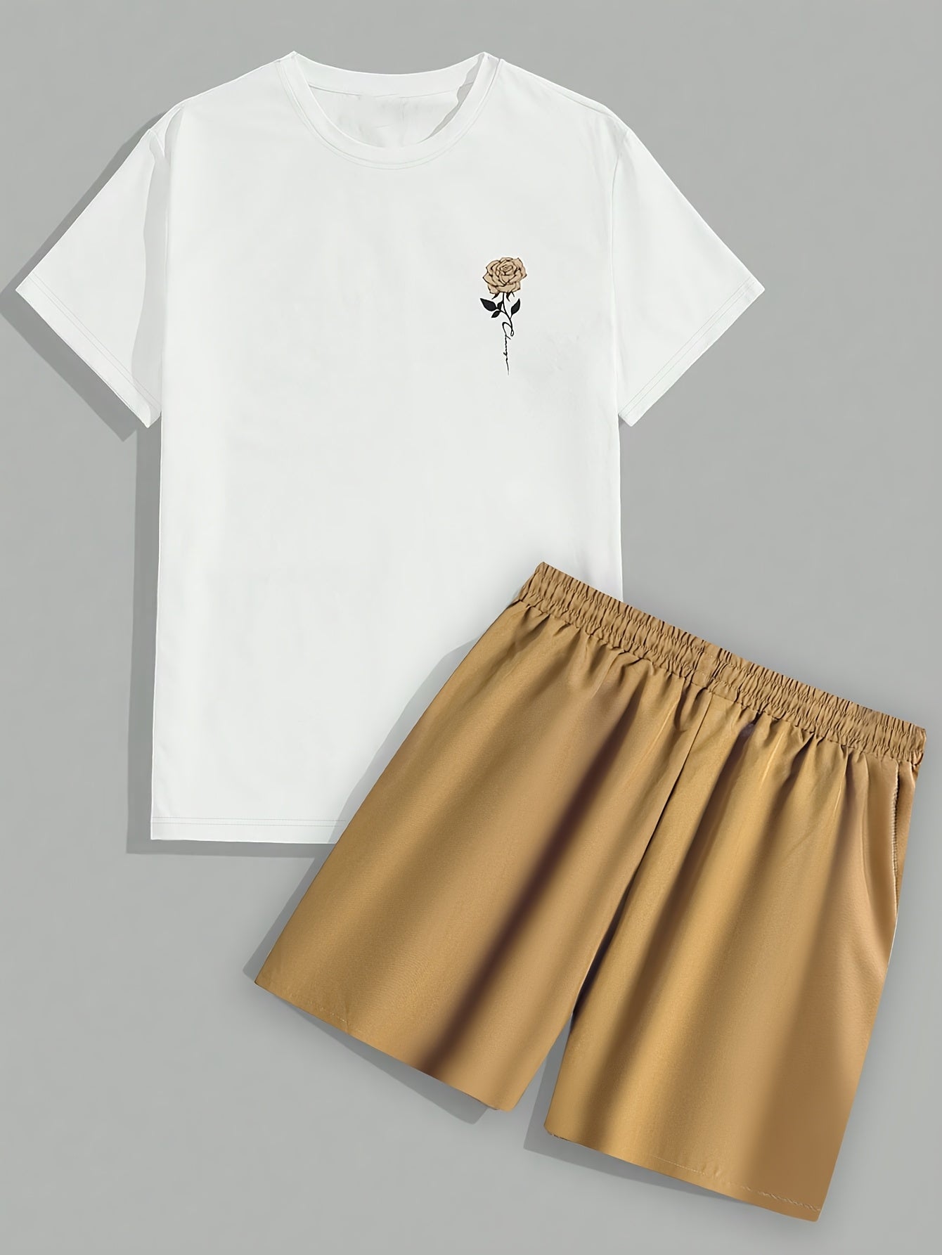 Men's Set #Rose Print Short Sleeve T-shirt + Drawstring Waist Beach Shorts Two Piece