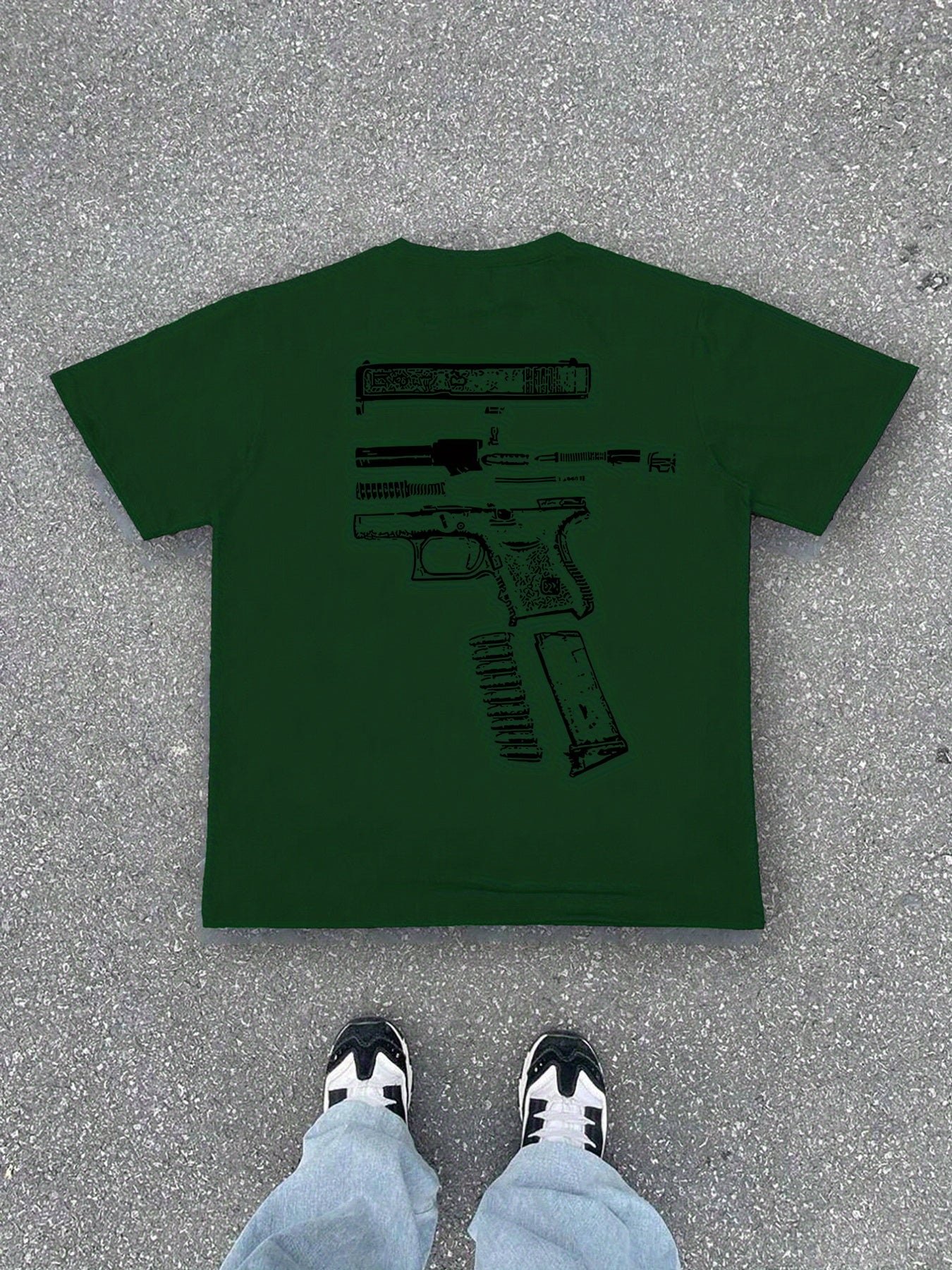 Men'S Casual Summer Short Sleeve T-Shirt with Gun Print, Green, Polyester, Lightweight & Breathable Fabric, Round Neck, Regular Fit, Everyday Wear, Everyday Tshirt | Graphic Tee | Patterned Shirt, Gun Shir