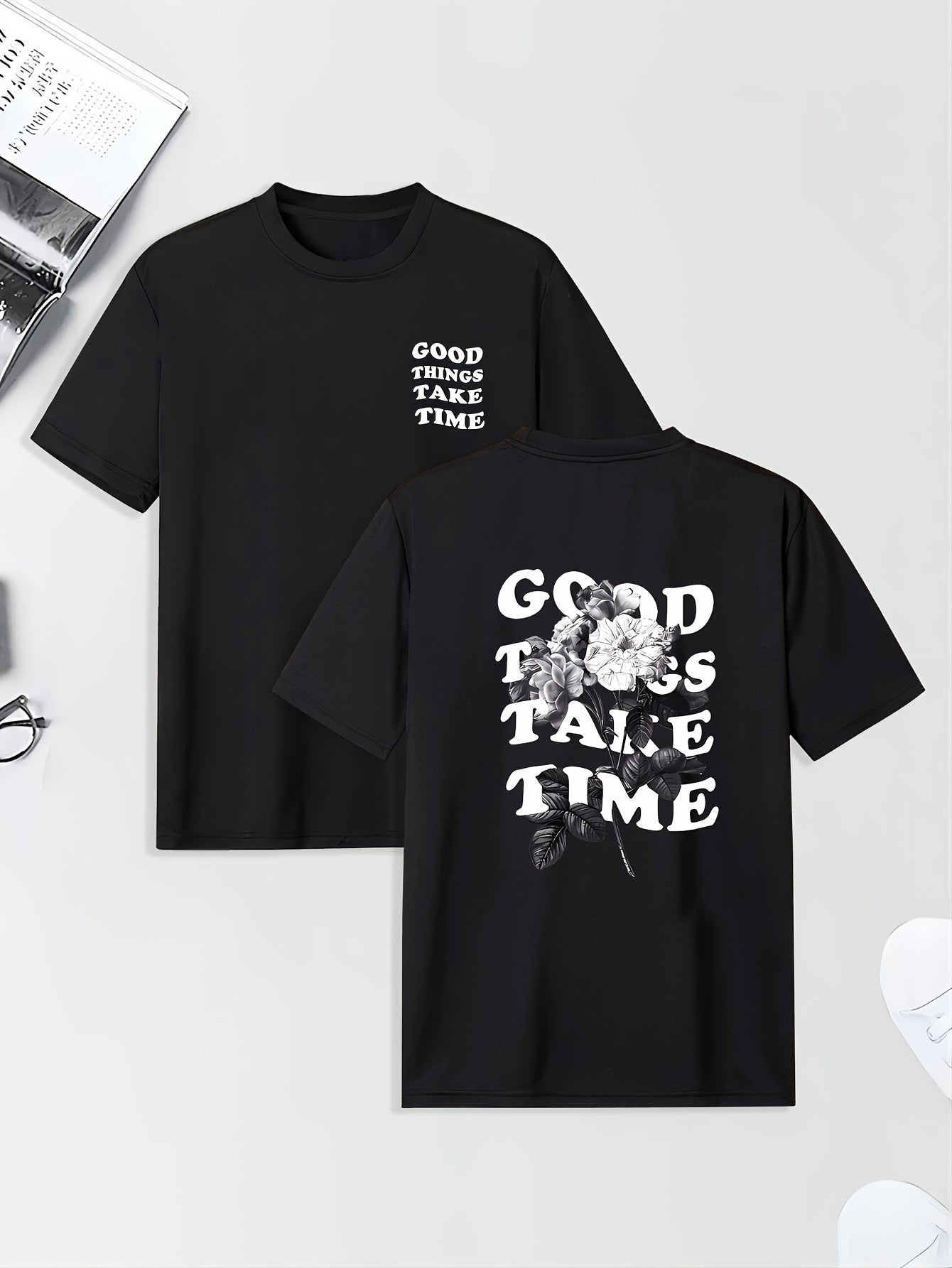 Men's Graphic Print T-Shirt - "GOOD TIMES" Floral & Text Design, Relaxed Fit Short Sleeve, Soft Breathable Fabric for Summer, Business Travel & Outdoor Activities, Casual Wear, Creative Design, Machine Washable Top, Summer Ou