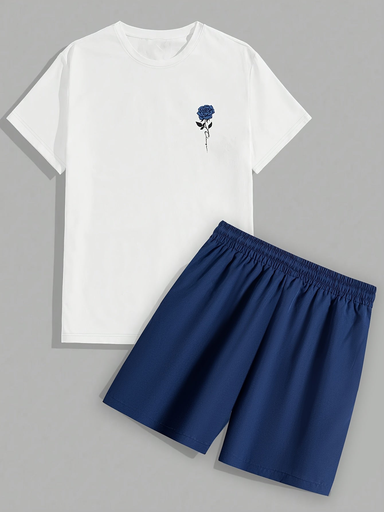 Men's Set #Rose Print Short Sleeve T-shirt + Drawstring Waist Beach Shorts Two Piece